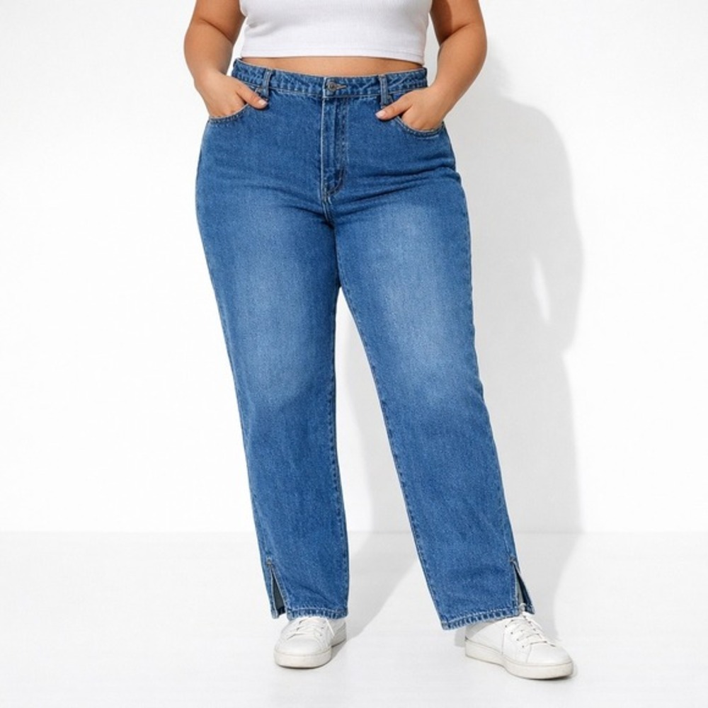 NWT PrettyLittleThing Split Hem Jeans Medium Wash High Rise Straight Leg Size 16